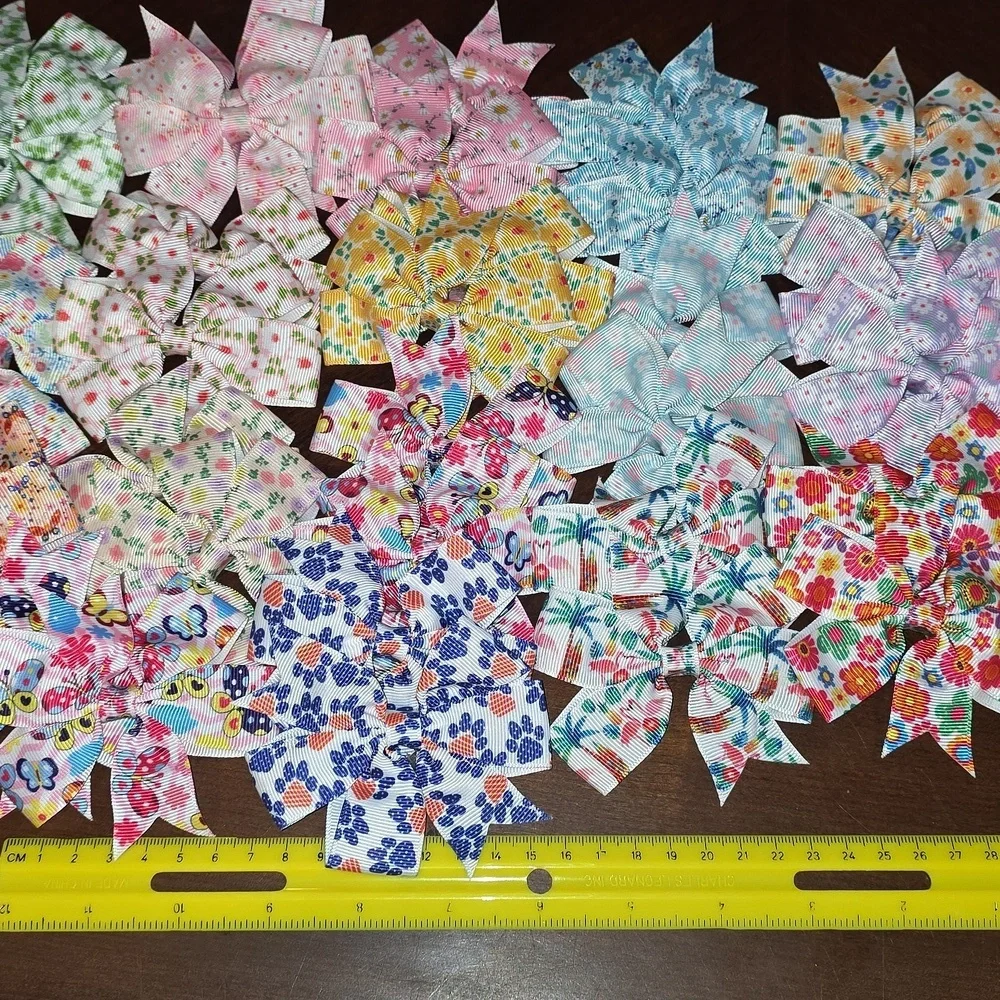 (J20) 34 Total Each, Colorful Floral Patterned Hair Bows Clips for Kids
